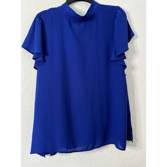 ELOQUII Womens Royal Blue Flutter Sleeve Sheer Tie Neck Blouse Plus Size 24 - Picture 3 of 6